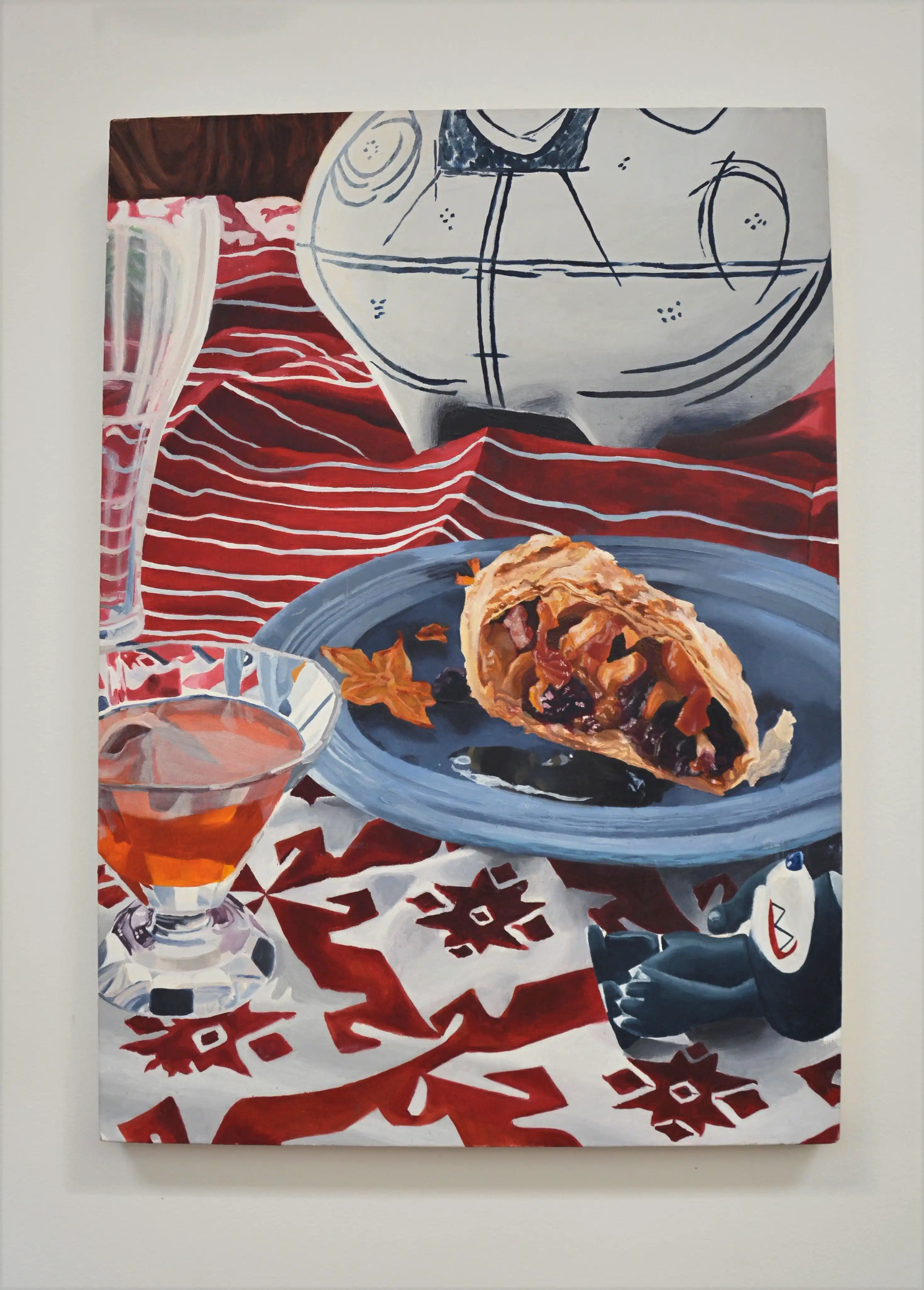 Still Life with Pastry, Glassware, and Patterned Cloth